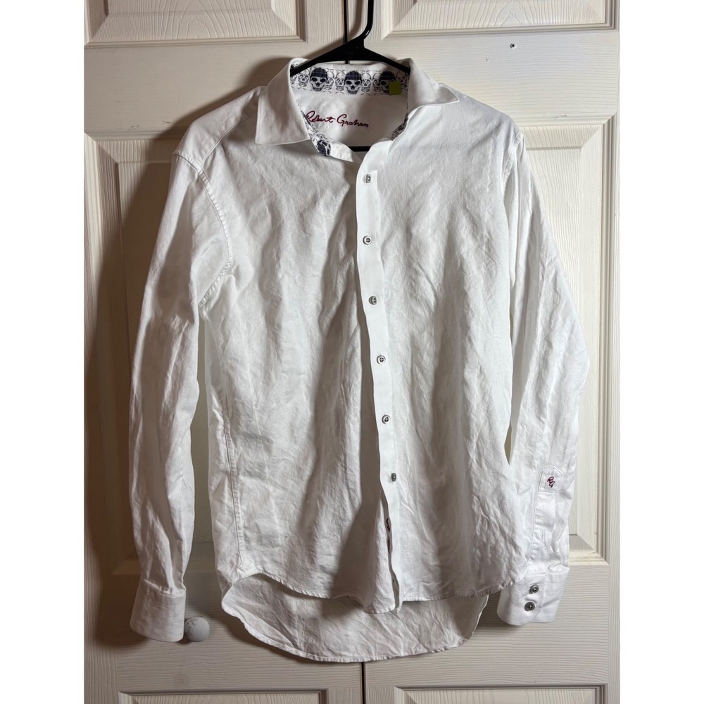 Robert Graham Mens White Classic Fit Skull Trim Button Down Shirt Sz Small